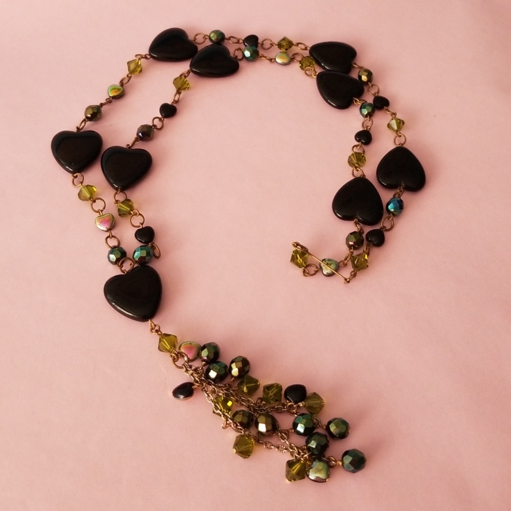 Black heart vintage tassel necklace! Glass beads